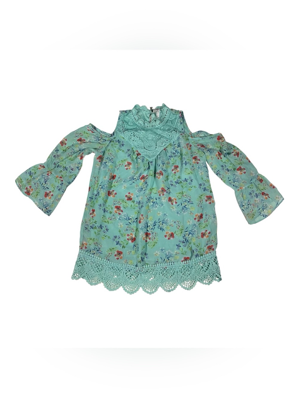 Girls Beautees Large Cold Shoulder Blouse With Lace And Bell Sleeves Large